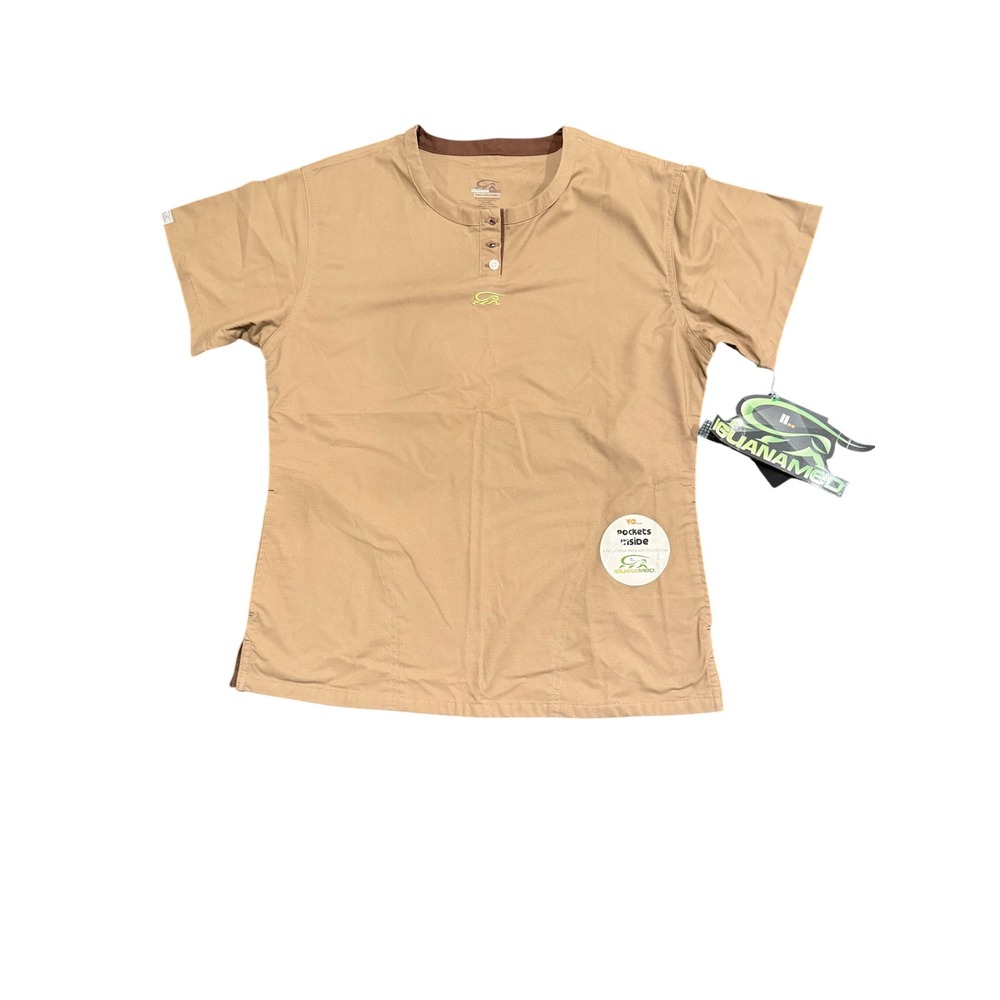 IguanaMed Womens Tan Khaki Scrub Top Short Sleeve Henley Neck Pockets Size Small